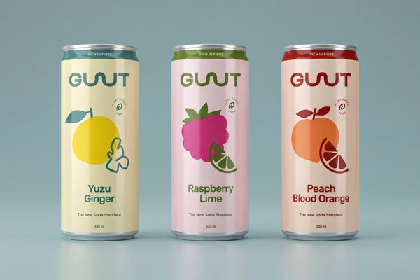 Close-up view of the GUUTSy variety pack soda cans showcasing individual flavour labels.