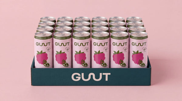 A 24-pack case box of GUUT Raspberry Fresh Lime prebiotic soda, a low-sugar sparkling drink option.